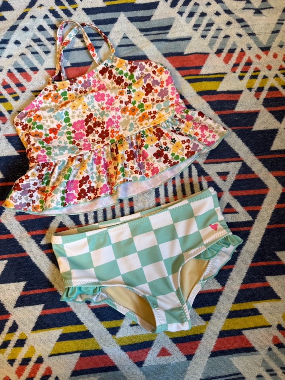 Pink Chicken Mint Green and White Checker Bikini Bottom with Floral Top 4T